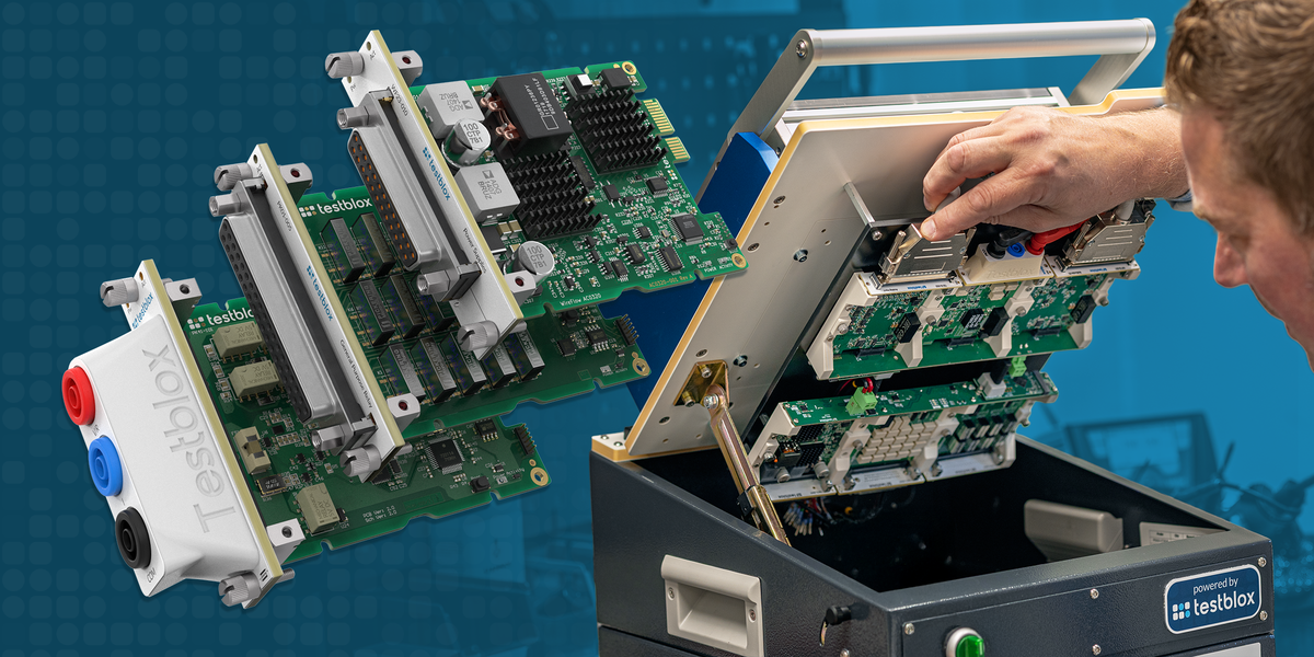 Testblox instrumentation modules and an engineer installing a module inside a functional test fixture